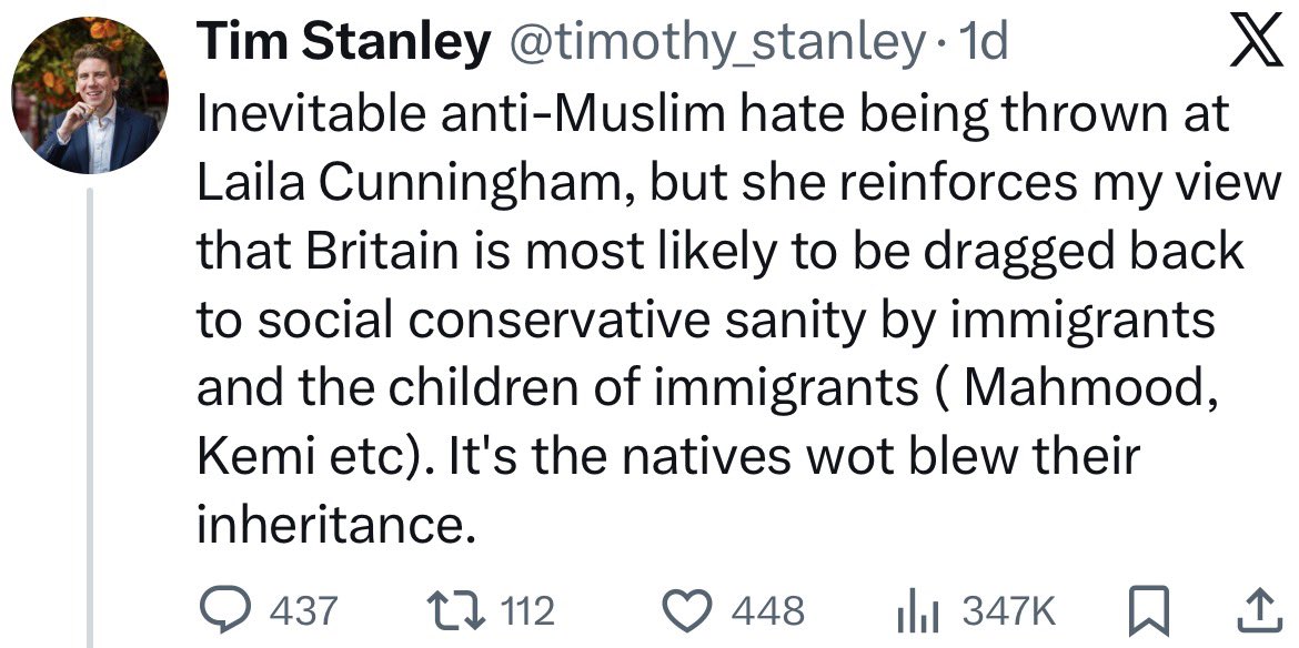 First off <a href="/timothy_stanley/">Tim Stanley</a> why aren’t we allowed to be hateful of people who follow a man like Muhammad?

Secondly, England has only gotten more socially liberal since mass migration began because they all vote for left-wing parties to keep the benefits cheques rolling in.