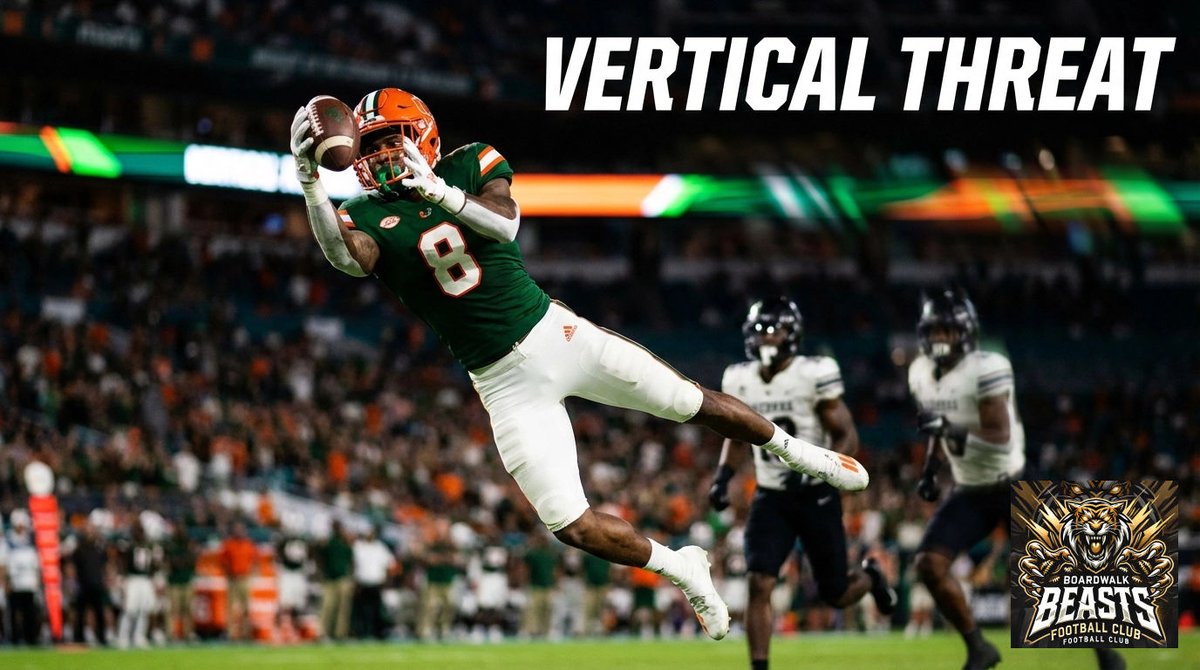 coachschuman's tweet image. Vandrevius Jacobs is Miami’s vertical threat. 17.1 ypc. No limits. Only legends. Big plays, bigger impact. Champions win with difference-makers. #TheU #MiamiFootball Source: portalintel.ai For more info go to nucsports.com, boardwalkbeastsfb.com or