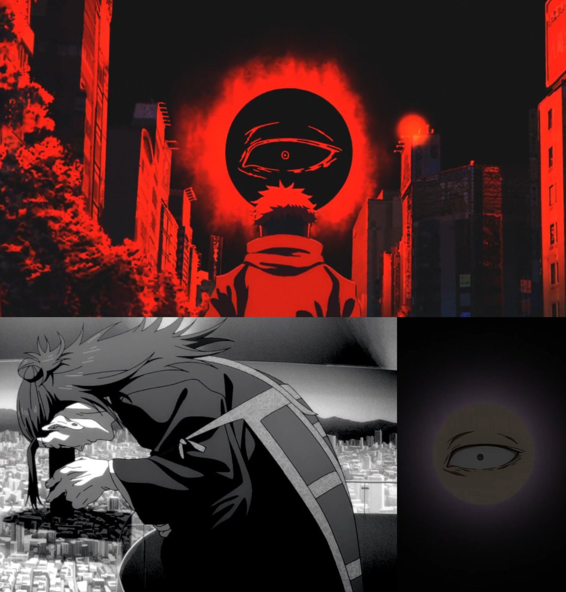 nullius_umbra's tweet image. The opening shot of the intro being Kenjaku keeping an eye on Yuji almost like a scientist watching his project through a microscope is incredible imagery...