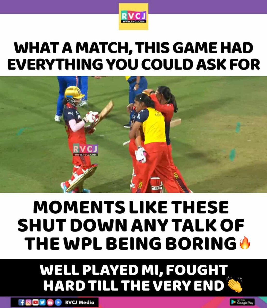 RVCJ_Sports's tweet photo. What a thriller! 💥 WPL proving once again that passion, drama, and nail-biting finishes are unmatched 🔥👏
#WPL #WomensCricket #CricketFever #MI #RCB #EpicMatch #ThrillerGame #WomenInSports #CricketLovers https://t.co/1lAKq5pCGP
