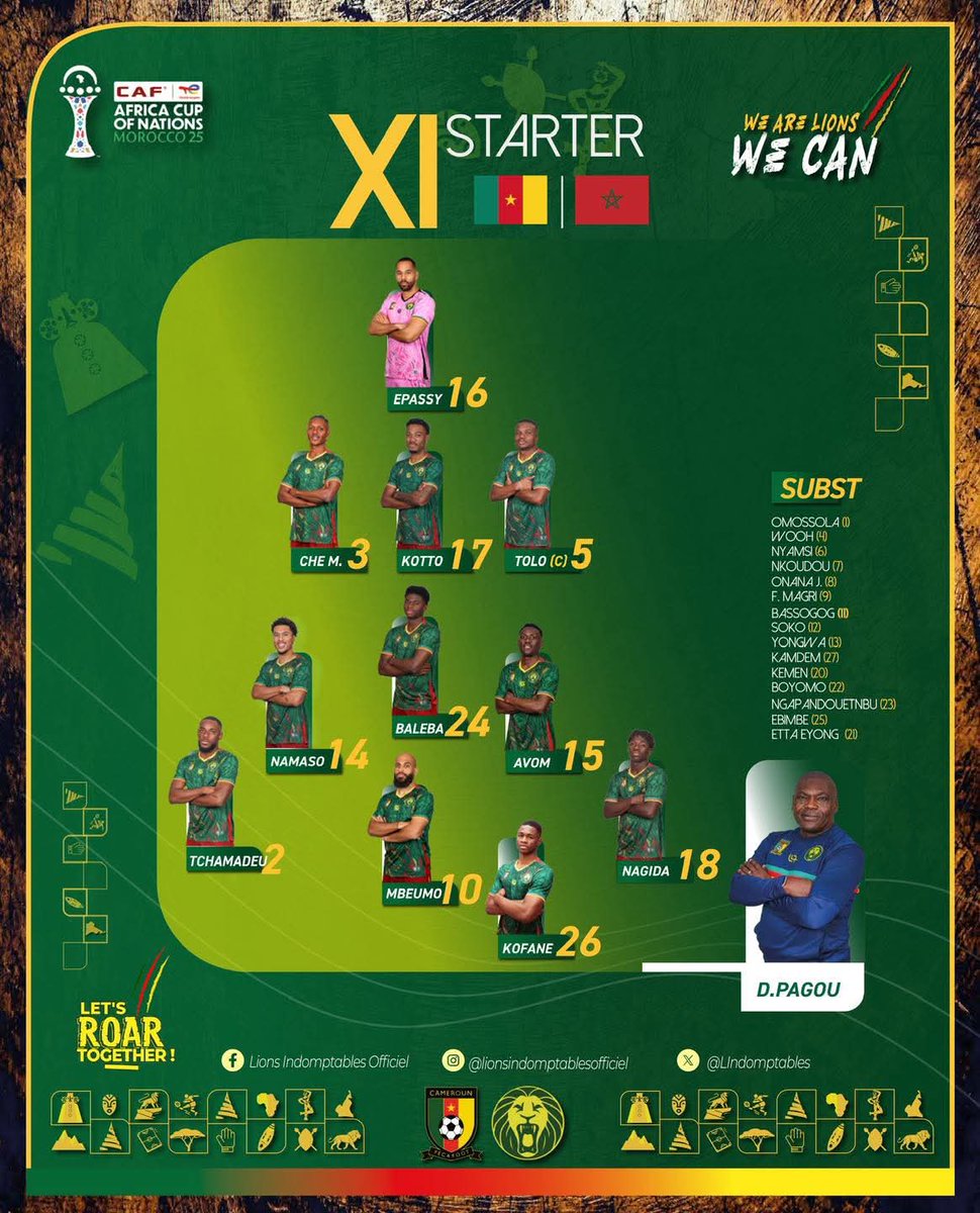 evrageraud's tweet photo. AFCON 2025
Quarter Final 
Cameroon 🇨🇲-🇲🇦 Morocco 
⏰️ 8PM 
Starting XI 🇨🇲: Coach David Pagou makes one change, Aboubakar Nagida🇨🇲 comes in for Darlin Yongwa🇨🇲
🏟 Prince Moulay Abdallah Stadium Rabat https://t.co/tOx24X3NOB