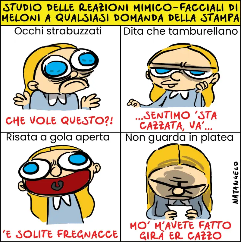 Oggi tradizionale conferenza annuale di Giorgia Meloni. 
Questa mia vignetta di gennaio 2025 è ancora perfettamente valida.

#meloni #conferenzastampa #vignetta #fumetto #memeitaliani #umorismo #satira #humor #natangelo