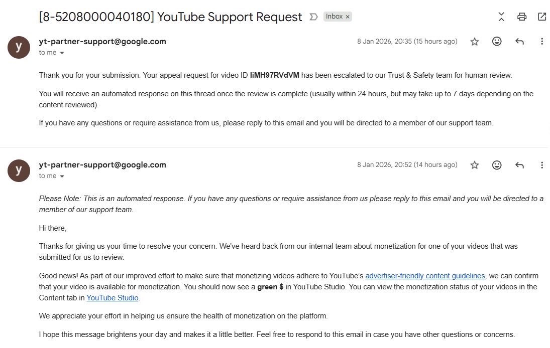 Yo <a href="/TeamYouTube/">TeamYouTube</a> I appealed and got fully monetized, right after that, I get demonetized again citing the exact same reason I had just overturned in the appeal, your workers refuse to answer me, your system is broken to the point that appeals just disappear into thin air and I