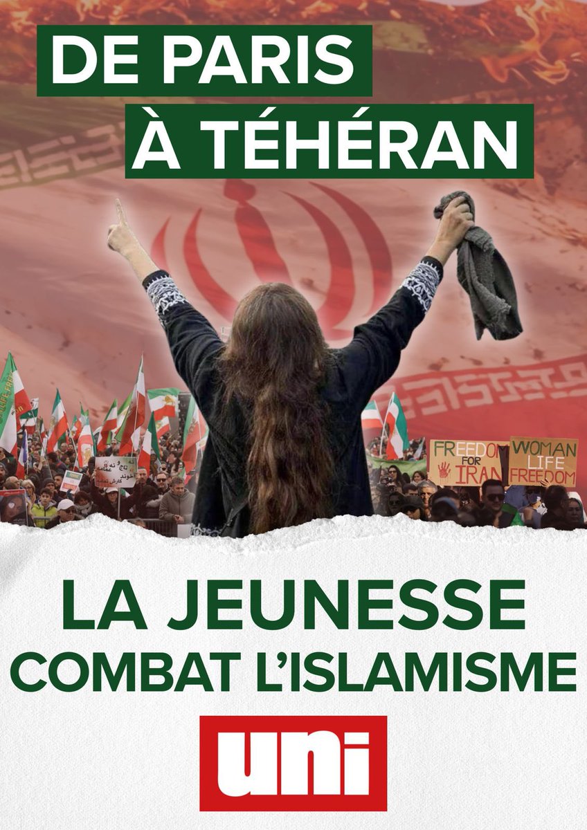 La jeunesse Iranienne se soulève contre le régime des mollahs et leur gestion islamiste de la société. 

Depuis sa création l’UNI soutient activement les mouvements qui luttent pour la Liberté ! 

Soutien aux révoltes Iraniennes : de Téhéran à Paris, la jeunesse combat
