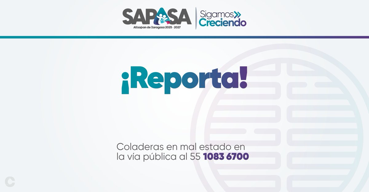 ¿Ubicas alguna coladera o rejilla en mal estado dentro de #AtizapánDeZaragoza? 🧐

Realiza tu reporte mediante nuestro WhatsApp al 5547889291 o bien llamando al 5510836700 en un horario de lunes a viernes de 8:00 a 18:00 horas y sábados de 9:00 a 13:00 horas.

#SigamosCreciendo