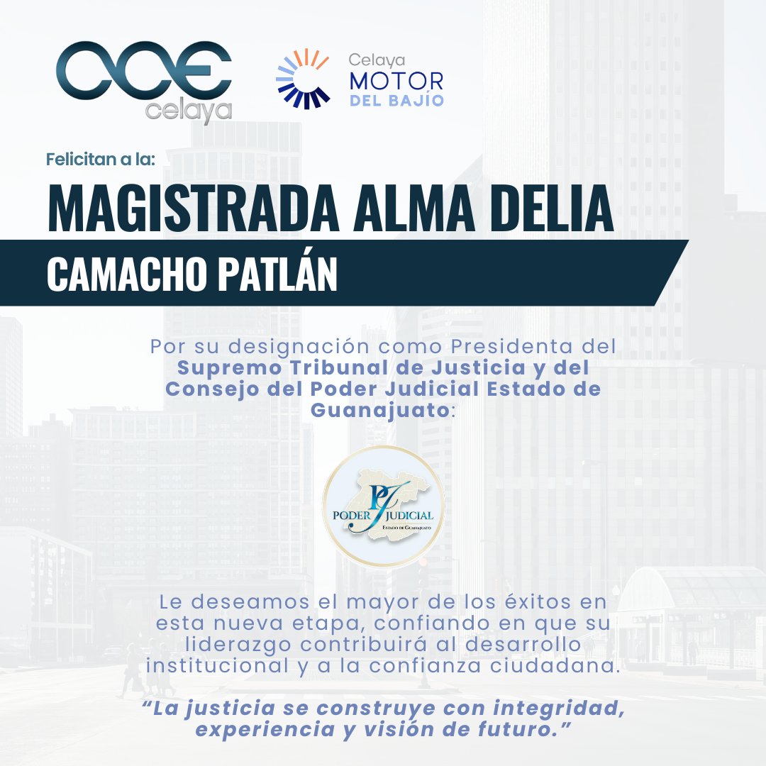 Felicitamos a la Magistrada Alma Delia Camacho Paltán por su designación como Presidenta del Supremo Tribunal de Justicia y del Consejo del Poder Judicial del Estado de Guanajuato. ⚖️✨

Le deseamos el mayor de los éxitos en esta nueva etapa al servicio de la justicia. 🤝