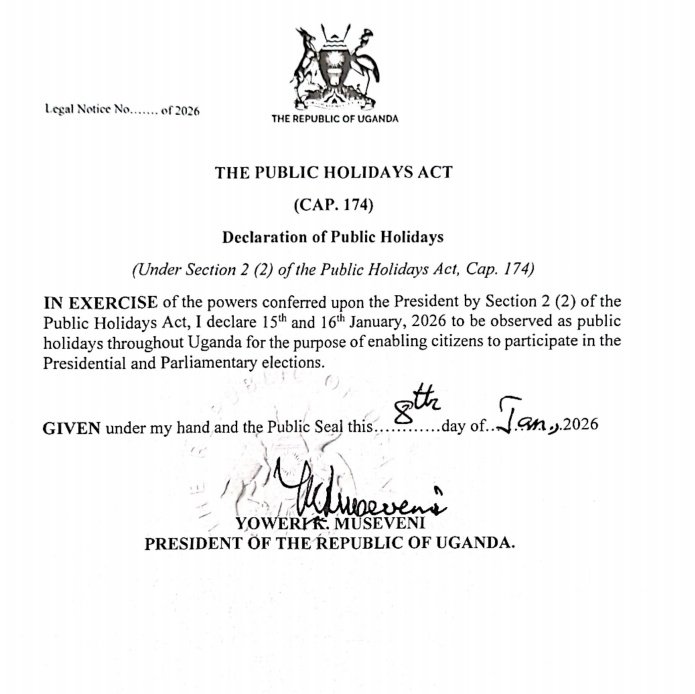 You have a holiday not to relax but to go out and vote Mr Museveni and go back home. 
If you're not voting Museveni  stay home and relax.
Enjoy your holiday.