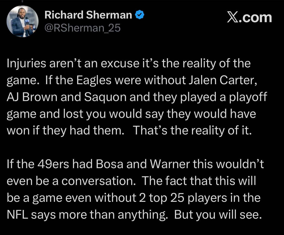 49ersSportsTalk's tweet image. Richard Sherman absolutely cooking Eagles fans and giving them a reality check.

Appreciate the straight facts, @RSherman_25 🔥

He’s not lying 👀⬇️ #FTTB #49ers