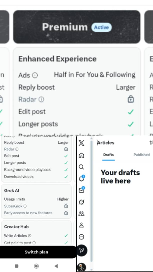 KNakins's tweet photo. PREmium accounts can now access articles on @X  

FORMERLY IT USED TO BE JUST PREmium+ users https://t.co/pa2wlo1u9B
