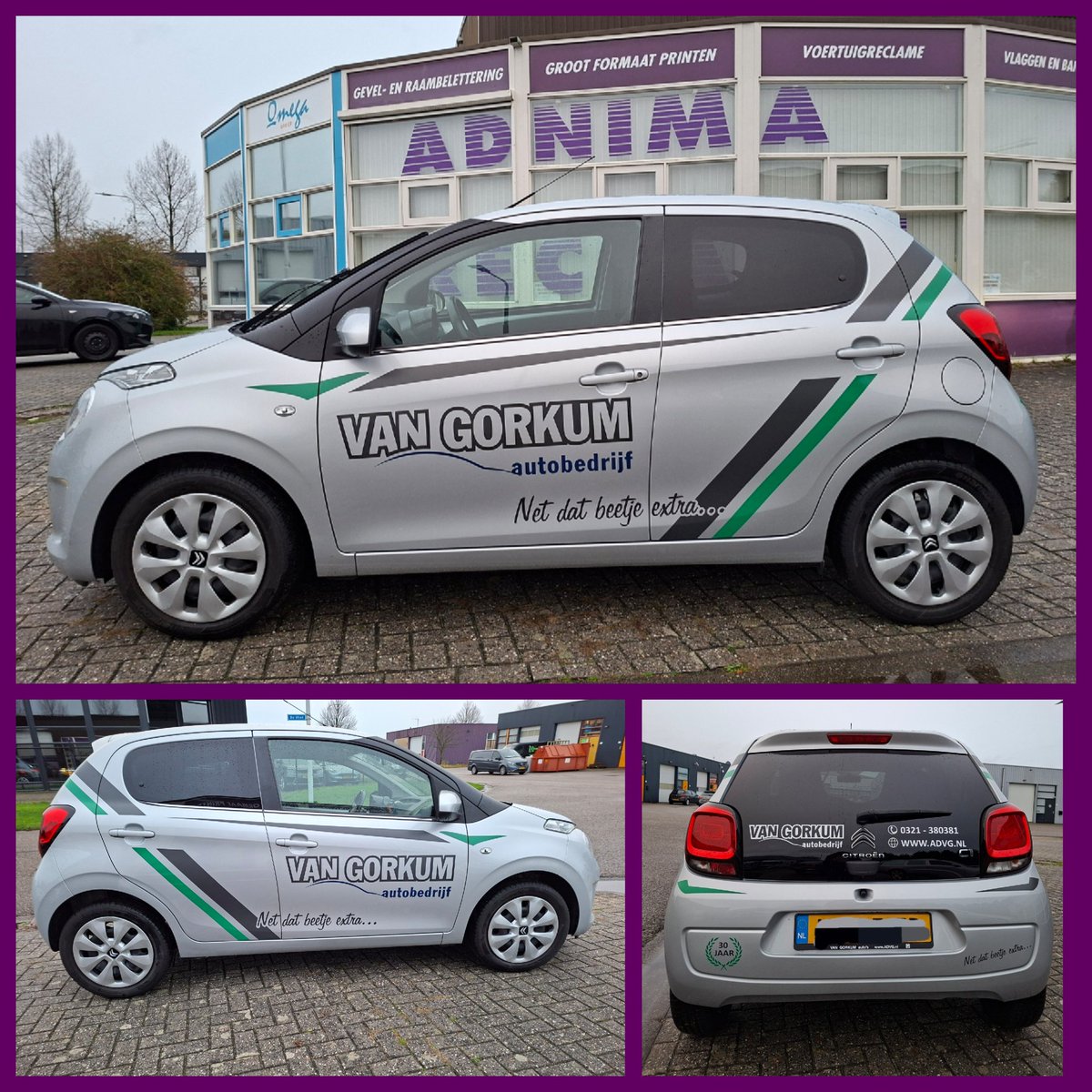 De nieuwe leenauto van Autobedrijf van Gorkum beletterd..