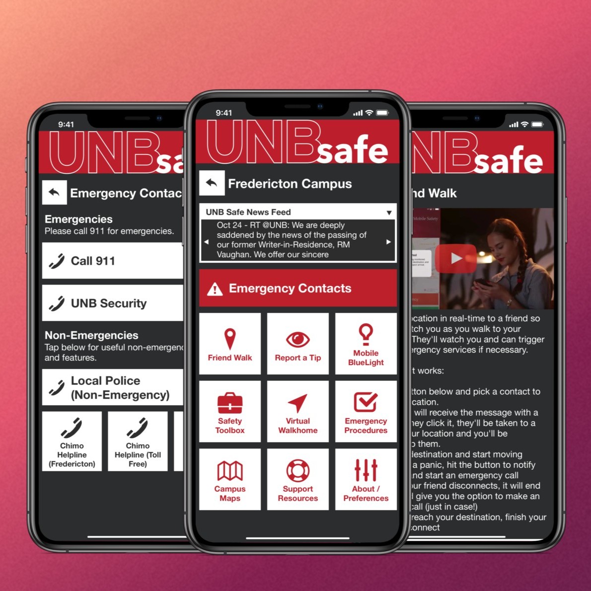 UNB's tweet image. Whether you're in Fredericton, Saint John, or Moncton, make safety your study buddy with the UNB Safe App.

From late-night walks to quick tips, it’s got your back with: 
👣 Friend Walk
💬 Live Chat
🚨 Mobile Blue Light
🕵️ Report a Tip
🏠 Virtual Walk Home

Download now👇…