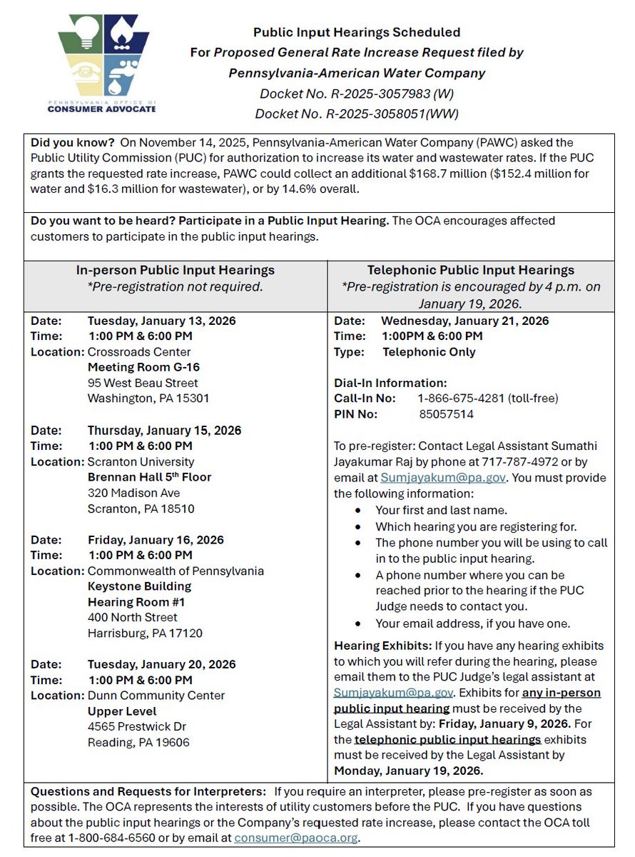 pa_oca's tweet image. Public Input Hearings regarding PA American Water’s #rateincrease request begin next Tuesday, January 13! Make your plan to attend.