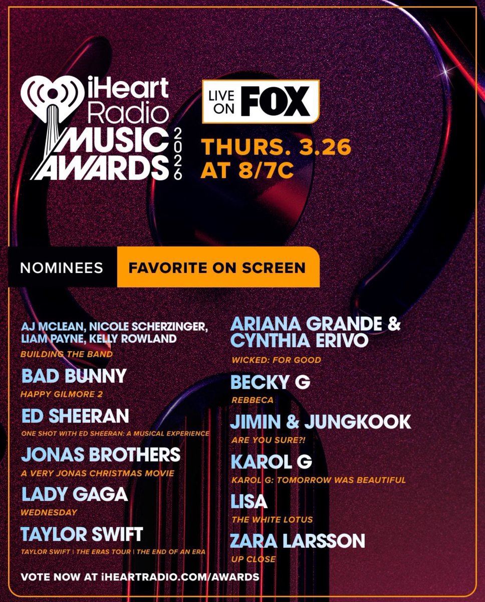 promoljp's tweet photo. Liam, Nicole Scherzinger, Kelly Rowland and AJ McLean are nominated in the #FavoriteOnScreen category with "Building The Band" at the iHeartRadio Music Awards 2026 https://t.co/ORxcPWSGZL