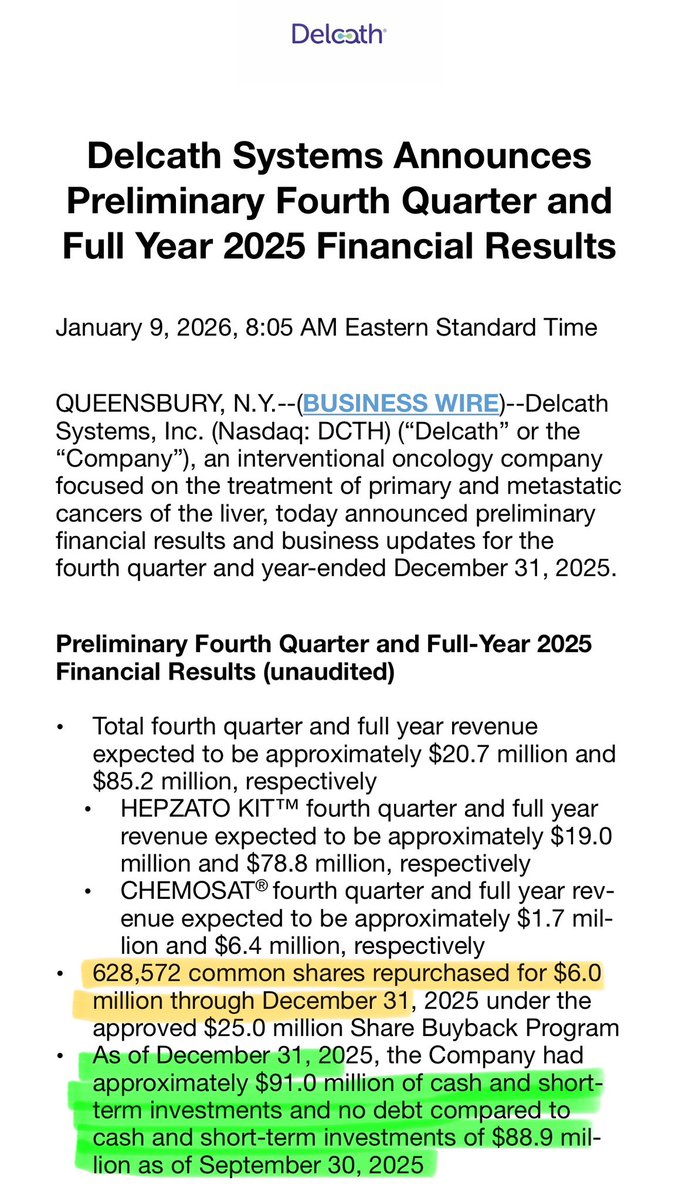 In one quarter, $DCTH repurchased nearly 2% of their shares, grew cash and short term investments, and tee’d themselves up for explosive growth in ‘26 based on CHOPIN results and physician education.

This stock is laughably under-appreciated. I don’t know what the catalyst will