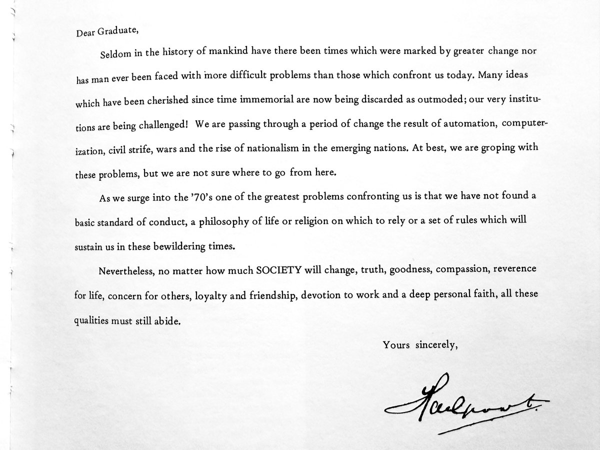 Returning from a dinner in Toronto with 22 high school classmates to honor a beloved teacher, Barbara Baird, 55 years after graduation. Going through our yearbook, I was struck by a message to the graduates from our principal: