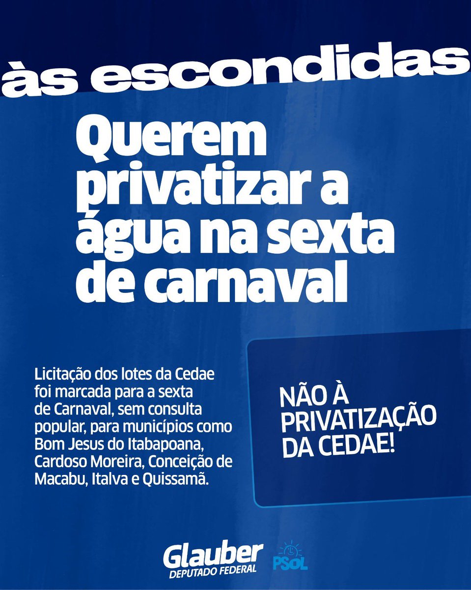 ABSURDO! Marcaram uma licitação de lote da Cedae para a sexta-feira de Carnaval, o que na prática é a privatização da água em vários municípios e sem nenhuma consulta à população. As cidades envolvidas são: Bom Jesus do Itabapoana, Cardoso Moreira, Conceição de Macabu, Italva e