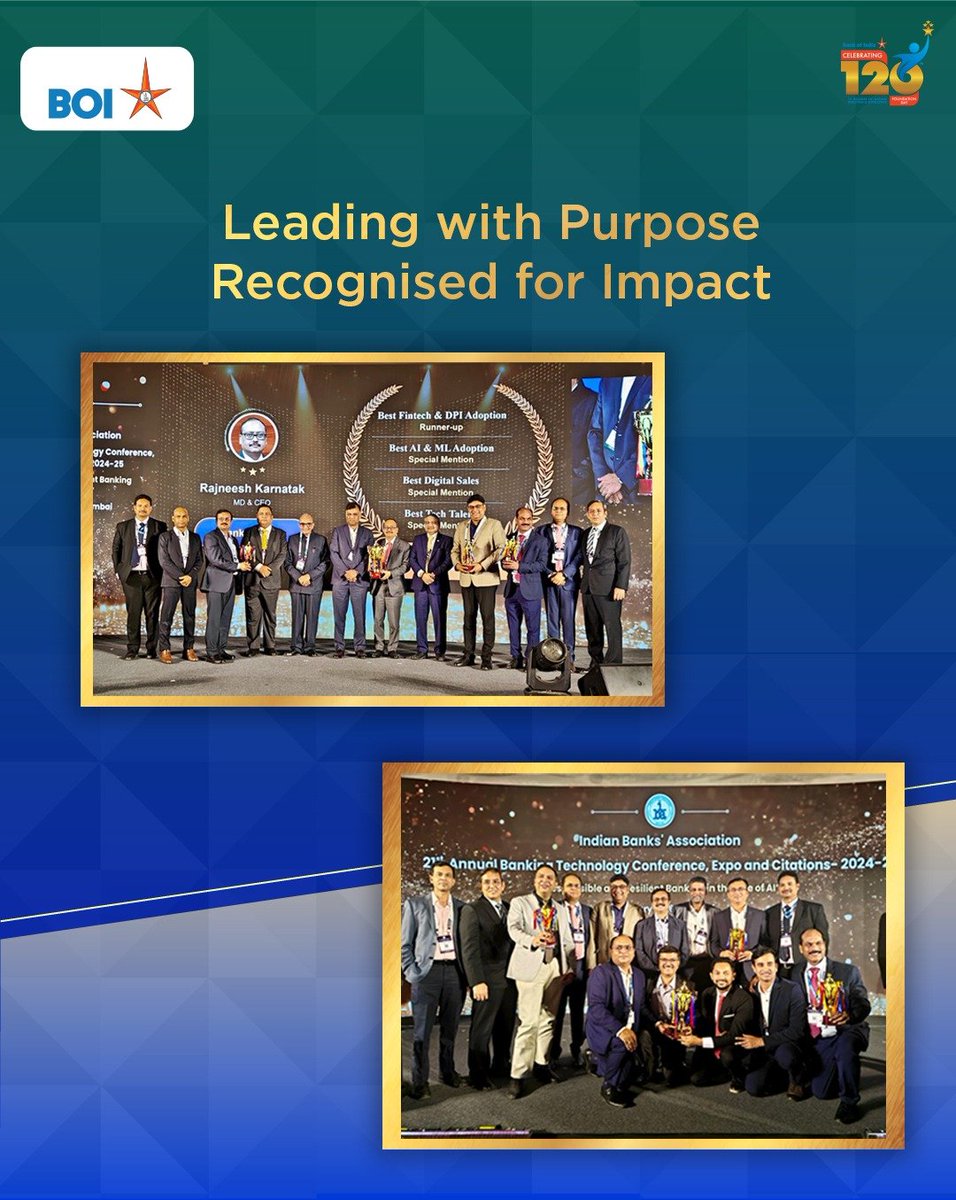 BankofIndia_IN's tweet photo. Thrilled to announce that Bank of India has bagged 4 prestigious awards at the 21st IBA Banking Technology Conference 2024-25! 🏆💻

We're honored to have won:

✨ Runner-up in Fintech   
       Collaboration
✨ Special Mention in    
       Best AI/ML
✨ Best Tech Talent
✨ Best Digital Sales 
       Citations

These awards were received by Bank's MD & CEO Shri Rajneesh Karnatak, ED Shri Rajeev Mishra  and the incredible Team IT for their tireless efforts! 

These awards recognize Bank's commitment towards the Digital Transformation and our dedication to innovation. We're proud to be at the forefront of banking technology! 

Here's to many more milestones to come! 🚀 #BankofIndia #DigitalTransformation #Fintech #Awards #recognition