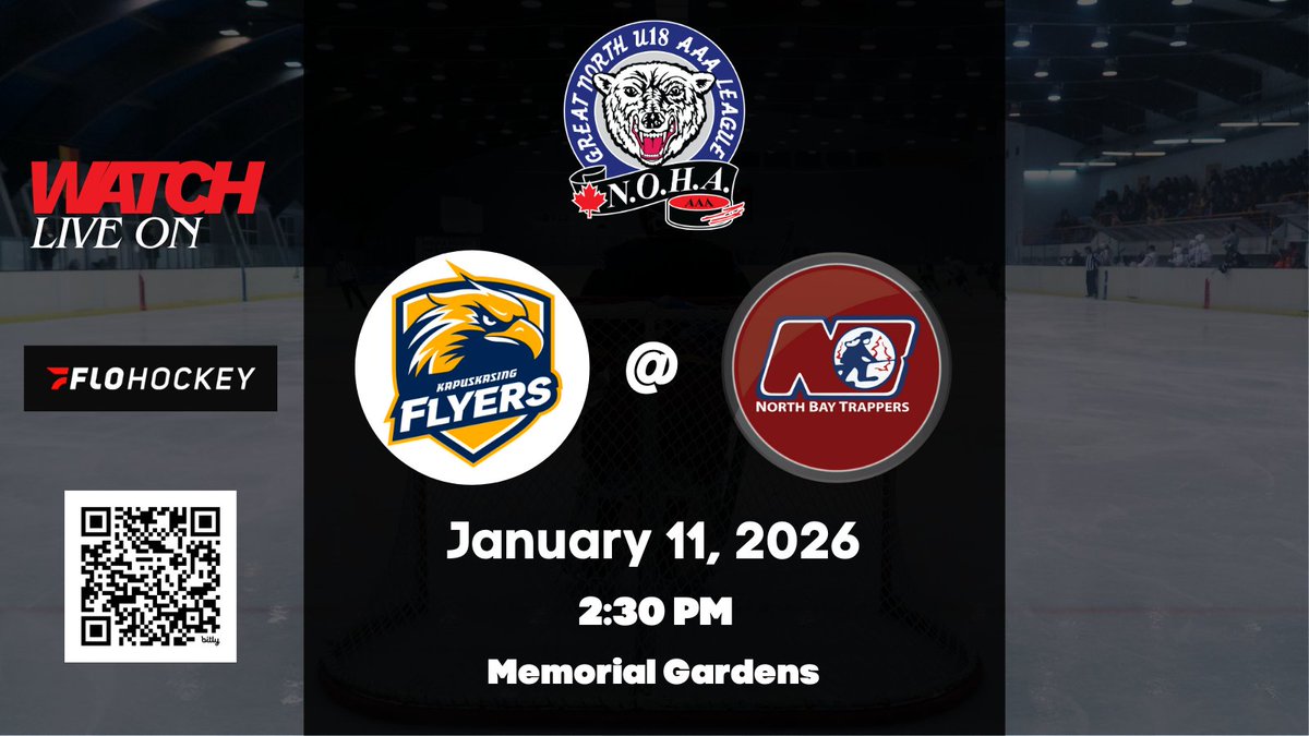 gnu18l's tweet image. North Bay, ON - Memorial Gardens - 2:30 PM

@KapFlyers VS @U18AAATrappers

Watch live on @FloHockey: flohockey.tv/leagues/111733…

#gnu18l #aaahockey #hockey #kapuskasing #flyers #northbay #trappers
