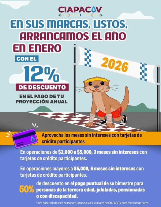 En enero Ciapacov aplica descuentos del 12% en el pago adelantado  del agua, y 50% a personas adultas mayores con credencial del INAPAM.

El organismo invita a los usuarios a ponerse al día con su contribución, para seguir mejorando la infraestructura y los servicios que ofrece.