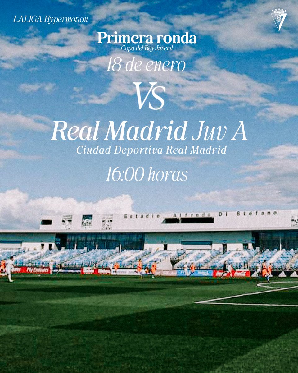 ¡𝐇𝐨𝐫𝐚𝐫𝐢𝐨 𝐜𝐨𝐧𝐟𝐢𝐫𝐦𝐚𝐝𝐨! 

👉Visitaremos la <a href="/lafabricacrm/">Cantera Real Madrid</a> el próximo domingo para la primera ronda de la #CopadelReyJuvenil

🆚 <a href="/lafabricacrm/">Cantera Real Madrid</a> 
📅18 de enero
🕛 16:00 H
🏟️Ciudad Deportiva Real Madrid

#RealMadridJuvenilA