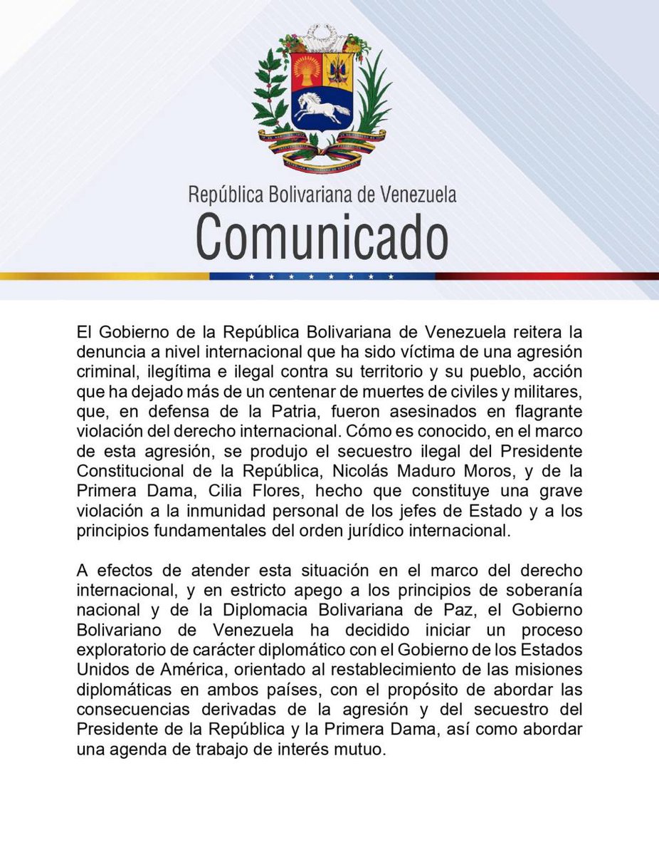 Naky's tweet photo. Mientras fingen que le reclaman a Donald Trump la operación militar y la detención y extracción de Nicolás Maduro y Cilia Flores, el chavismo restante anuncia que pronto se abrirá en Venezuela la embajada de Estados Unidos.

Rodilla en tierra, ¿no? https://t.co/E2b2Kt0url