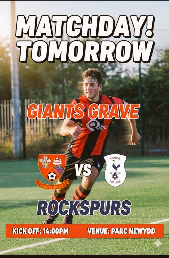 SATURDAY FOOTBALL. 🏟️⚽️
​Giants Grave vs Rockspur
📍 Parc Newydd
🕑 14:00 PM
💰 £3 Entry