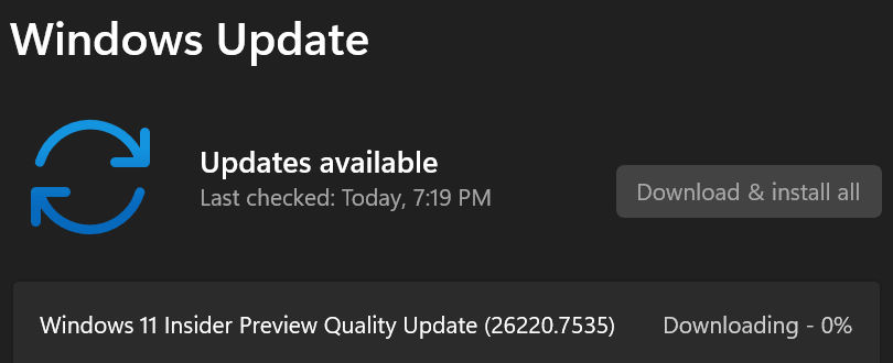 ErikMoreau's tweet photo. #Flighting Windows 11 Build 26220.7535 in the #DevChannel โจ @windowsinsider @DJ_EddieL @NorthFaceHiker @JenMsft @amanda_lango @maisondasilva @megahoch @brandonleblanc @JamesvandenBerg @aavdberg #areyouflightingyet #WindowsInsiders https://t.co/6MxPRxeN4C