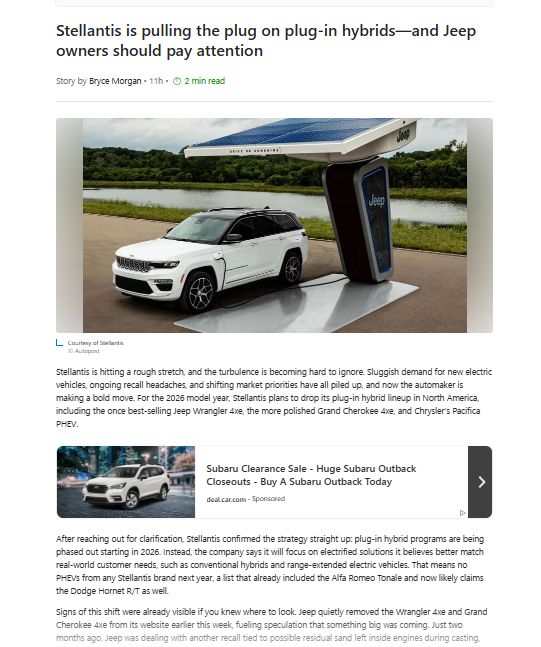 anasalhajji's tweet photo. "Stellantis is hitting a rough stretch, and the turbulence is becoming hard to ignore. Sluggish demand for new electric vehicles, ongoing recall headaches, and shifting market priorities have all piled up, and now the automaker is making a bold move. For the 2026 model year, Stellantis plans to drop its plug-in hybrid lineup in North America, including the once best-selling Jeep Wrangler 4xe, the more polished Grand Cherokee 4xe, and Chrysler’s Pacifica PHEV."