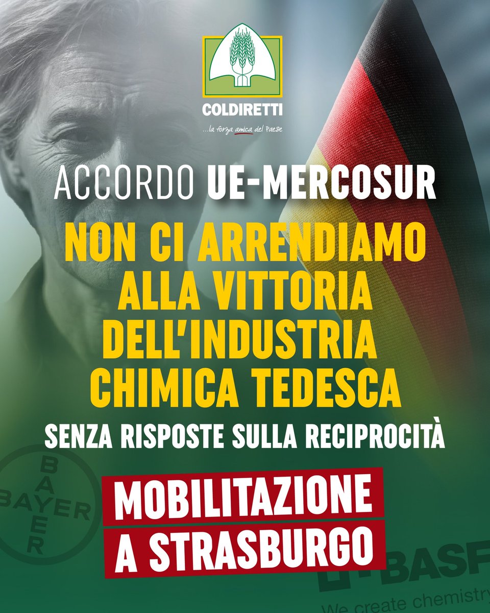 ColdirettiAL's tweet image. Accordo #Mercosur non ci soddisfa, non ci fidiamo di @vonderleyen e non ci arrendiamo alla vittoria dell’industria chimica tedesca. Senza risposte su reciprocità, richiesta dal Governo, mobilitazione a Strasburgo nei prossimi giorni per ribadire il nostro NO
@coldiretti