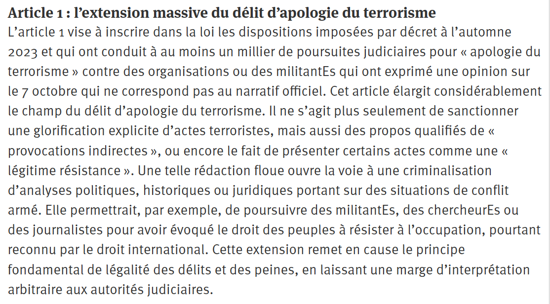 Ol_Laff's tweet photo. L’article 1 élargit le champ du délit d’apologie du terrorisme. Il ne s’agit plus seulement de sanctionner une glorification explicite, mais aussi des propos qualifiés de « provocations indirectes », ou le fait de présenter certains actes comme une « légitime résistance ». ⤵️ https://t.co/rdGXy9Wv16