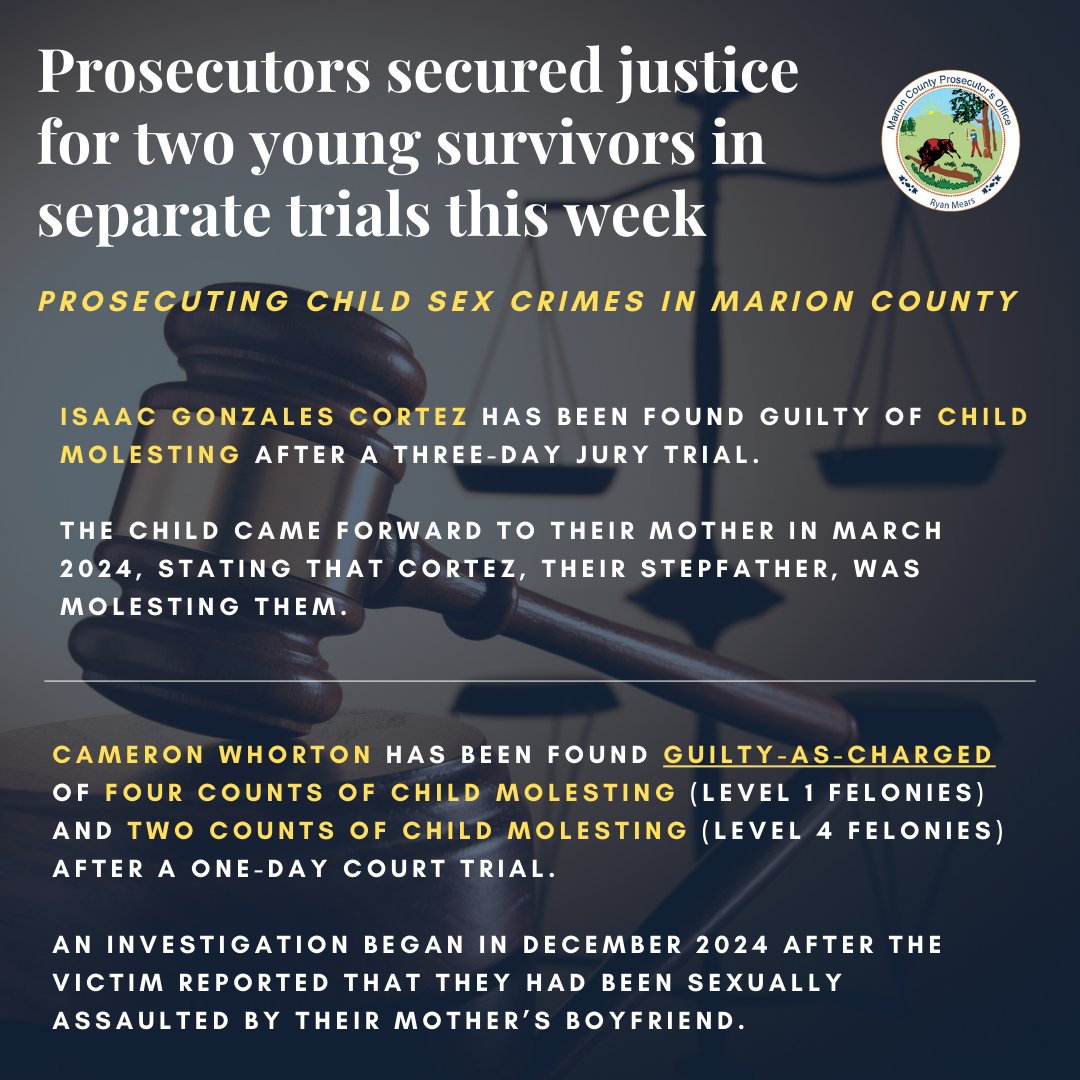 MCProsecutors's tweet photo. Cameron Whorton was found guilty-as-charged of four counts of Child Molesting and two counts of Child Molesting after a one-day Court trial.

These convictions follow the Unit’s 100% jury trial conviction rate for child molest cases in 2025. https://t.co/EdUxvSQf38