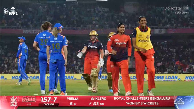 RCB ने WPL 2026 का ओपनिंग मैच जीत लिया! 🔥
नादिन दे क्लर्क कमाल की ⭐ – आखिरी ओवर में 18 रन चाहिए थे और उन्होंने मैच खत्म कर दिया! 💥
63* रन + 4 विकेट – क्या धमाकेदार ऑलराउंड परफॉर्मेंस!
#RCB #WPL2026 #NadineDeKlerk #MIvRCB #WomensCricket #RCBWin