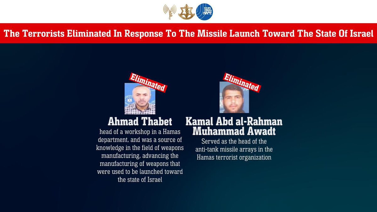 IDF's tweet image. 🎯 STRUCK: Terror targets across Gaza in response to a failed projectile launch from Gaza City.

The IDF &amp;amp; ISA struck and eliminated Hamas terrorists and terrorists from additional terrorist organizations including Kamal Abd al-Rahman Muhammad Awad and Ahmad Thabet. Additionally,…