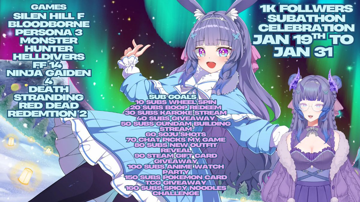 My 1k subathon celebration is coming up pretty soon thank you guys for getting me to last year and here is the details for this month subathon