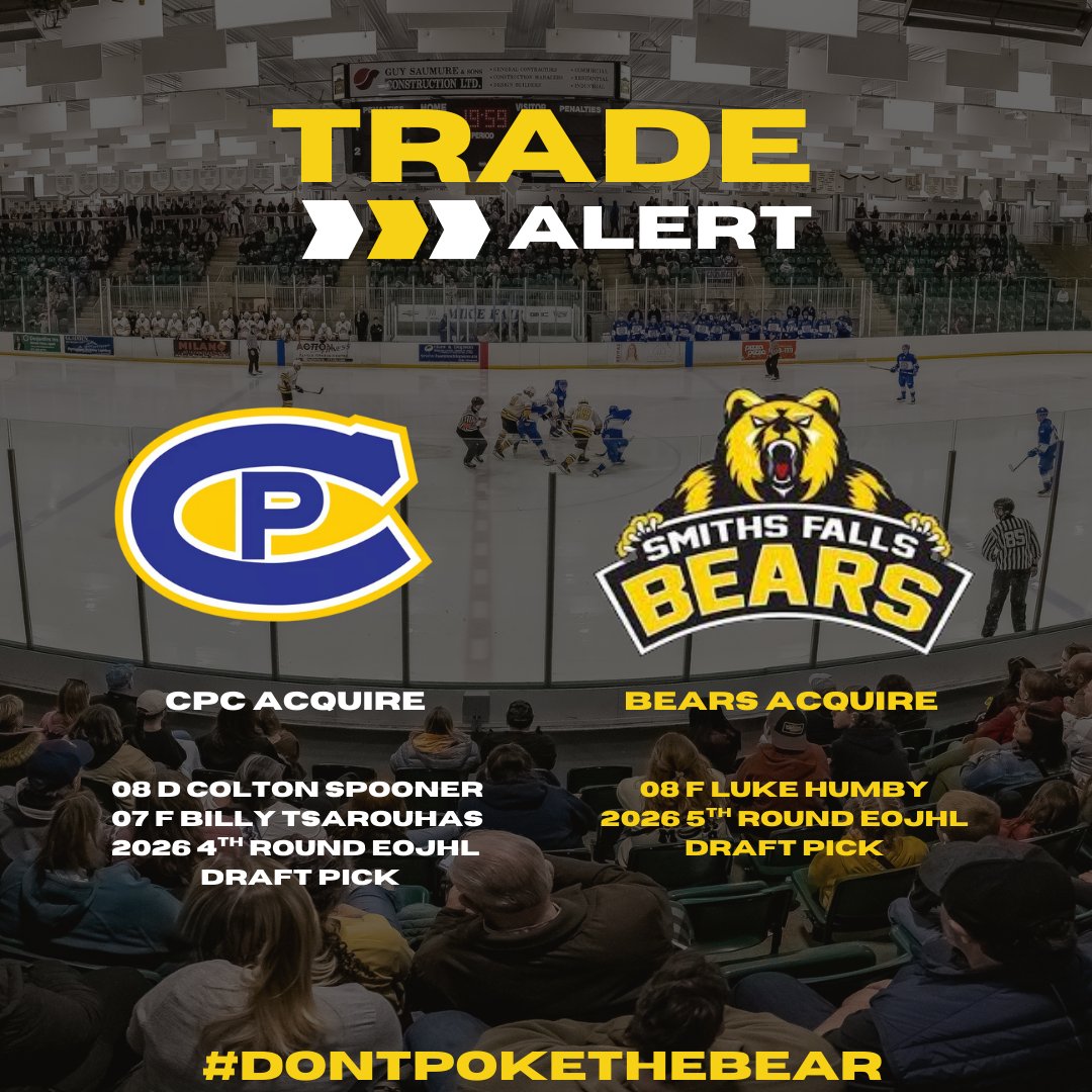 🚨TRADE🚨

The Jr Bears have acquired 08 F Luke Humby and a 5th round draft pick from the Carleton Place Jr Canadians in exchange for 08 D Colton Spooner, 07 F Billy Tsarouhas and a 4th round draft pick.

Welcome to the Bears Luke!
