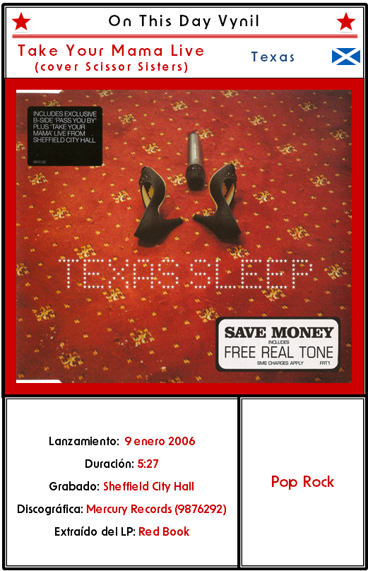 OnThisDayVinyl's tweet photo. Tal día como hoy …
el grupo escocés TEXAS publicó hace 20 años el single “SLEEP" que contenía el cover "TAKE YOUR MAMA” de la banda americana SCISSOR SISTERS.
@texastheband 
@scissorsisters
#OTDV

https://t.co/KrXhHfLo9t https://t.co/dIeZF7EpKv