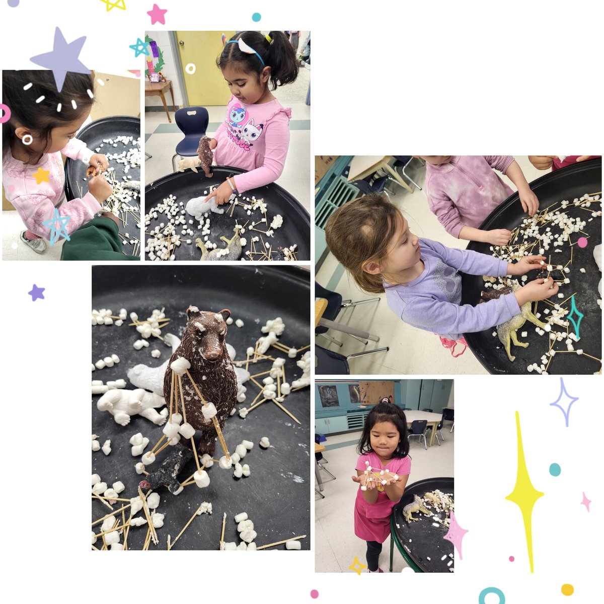 Marzipan1969's tweet photo. Mme Ema brought in mini marshmallows, toothpicks & bears. We put them in our tuff tray & said "build"! The 🐞s had tons of fun trying to build bear dens for our hibernating friends. @ChapelHillOCSB @OttCatholicSB #ocsbSTEM https://t.co/wdSEmacoez