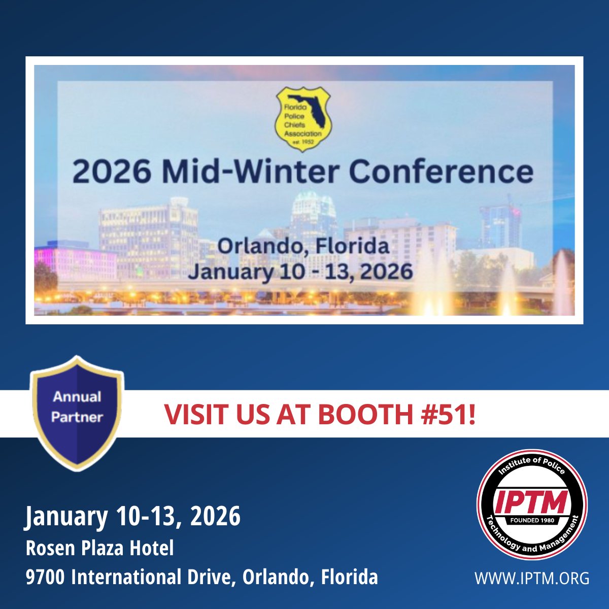 Join us at <a href="/FloridaChiefs/">Florida Police Chiefs Association</a> Mid-Winter Conference in Orlando! Stop by Booth #51 to meet our team &amp; learn about new training + tuition-free options for Florida LEOs. Let’s talk! #FPCA2026 #IPTMTraining #LawEnforcementLeadership #PoliceTraining