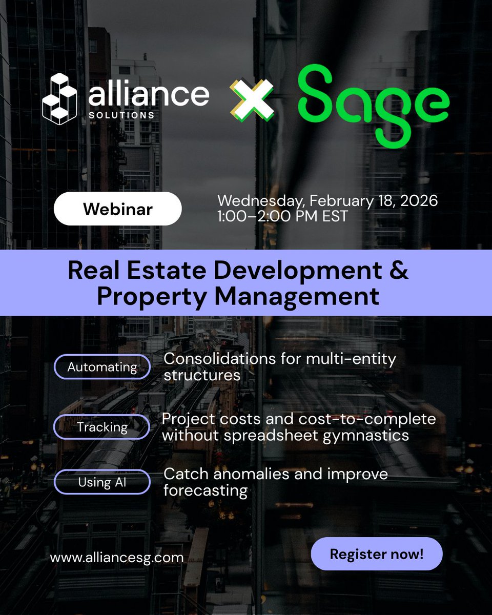 Register now: hubs.ly/Q03-dh6P0
Join Alliance Solutions Group and Sage for a live webinar built for real estate teams. Learn how Sage Intacct simplifies reporting, consolidations, and forecasting.
📅 Feb 18 | 1–2 PM EST
#RealEstateAccounting #SageIntacct #RealEstateFinance