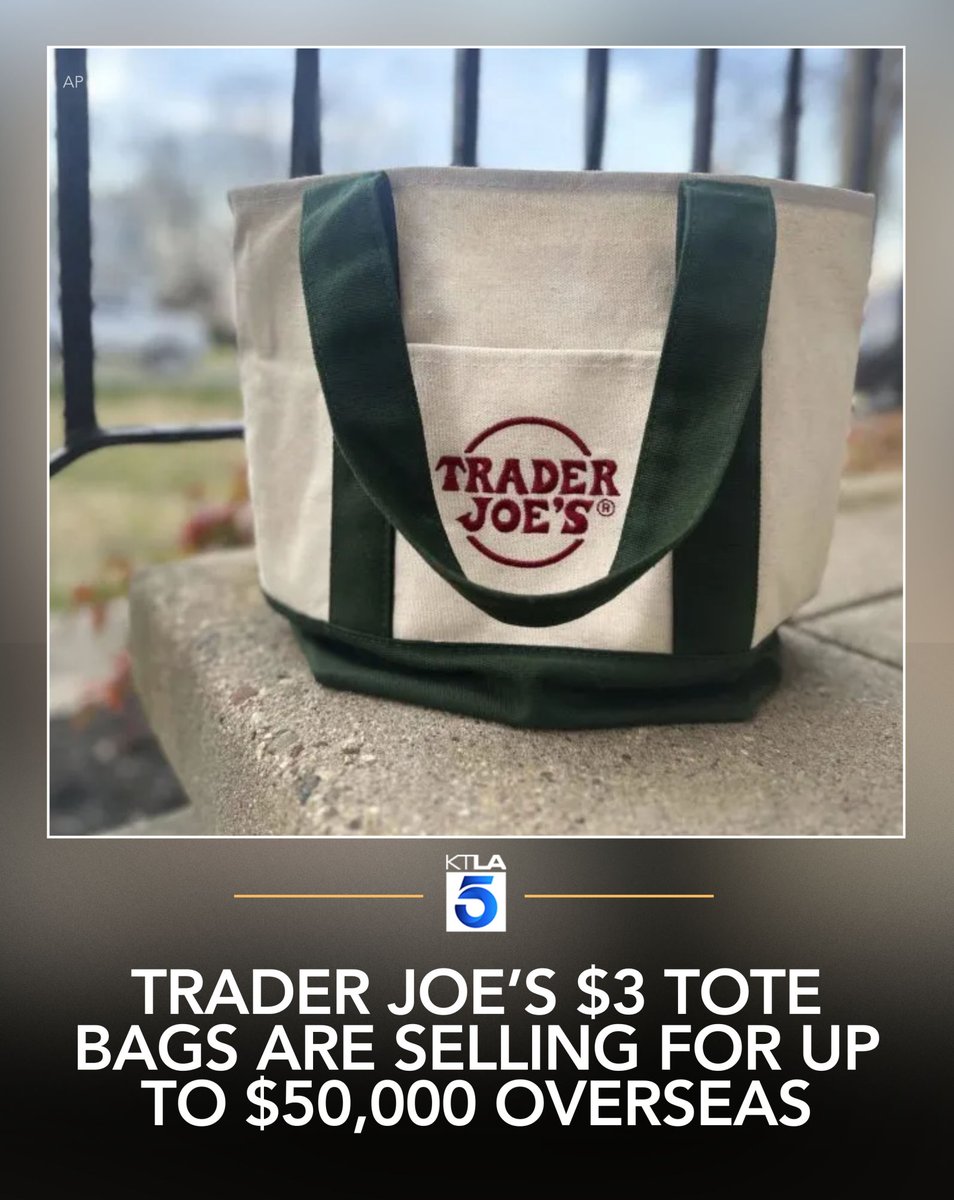 KTLA's tweet image. Trader Joe’s reusable tote bags — which typically sell for just a few dollars at stores across the U.S. — have become a luxury status symbol overseas, with some listings now asking for tens of thousands of dollars. Details: ktla.com/news/local-new…