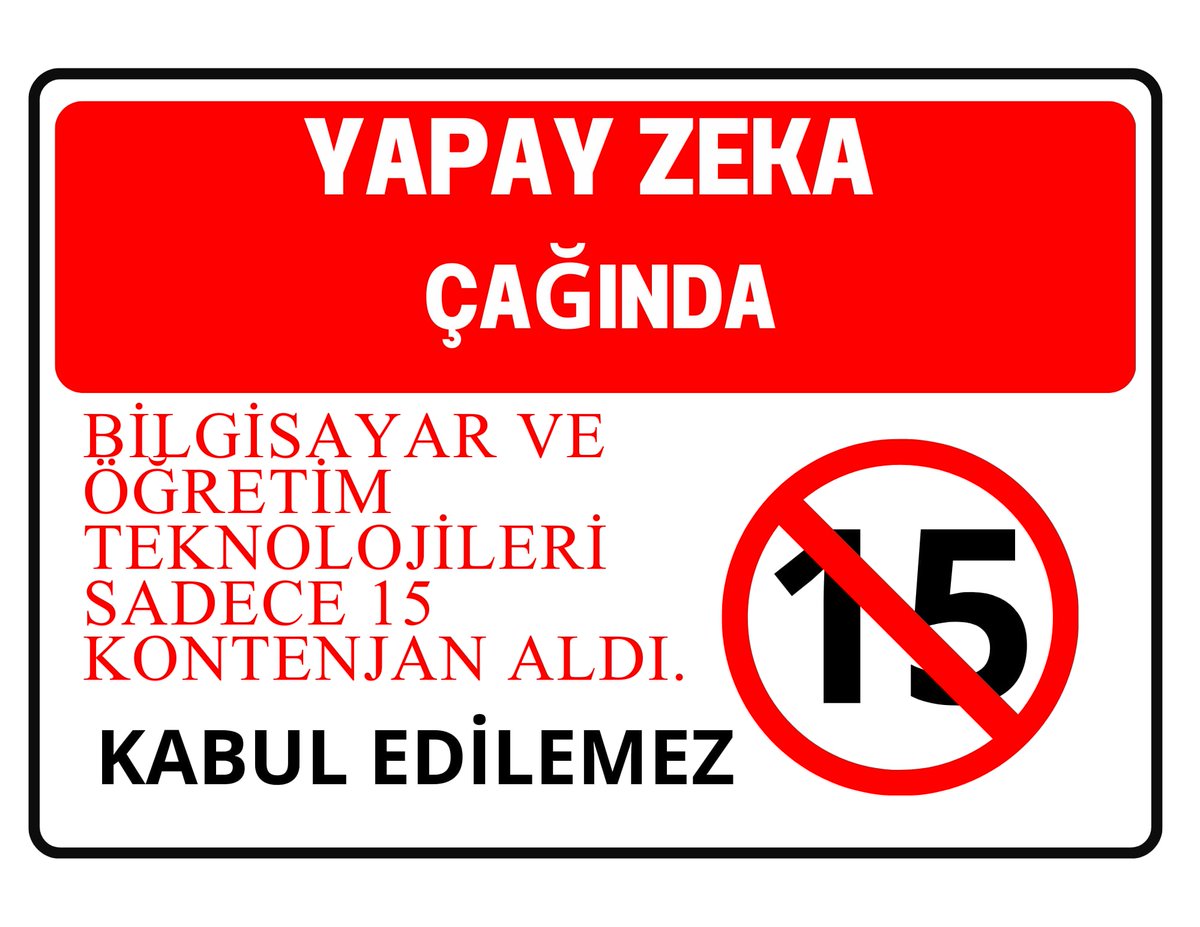 Bilgisayar &amp; Öğretim Teknolojileri Öğretmenliği için Türkiye'de #HepiTopu15öğretmene mi ihtiyaç var?
Yapay zeka çağında Türkiye Yüzyılı böyle mi olacak <a href="/meb_ttkb/">Talim ve Terbiye Kurulu Başkanlığı</a> <a href="/mebyegitek/">Yenilik ve Eğitim Teknolojileri Genel Müdürlüğü</a> <a href="/tcmeb/">Millî Eğitim Bakanlığı</a>? 
Tüm eğitim kademelerinde  #HerSınıfaBilişimDersi gelmeli! Bu yanlıştan biran önce dönülmeli.
