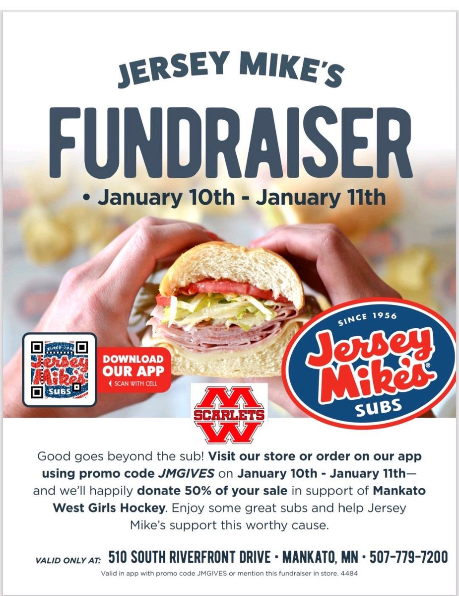 If you’re looking to go out and get some good food this weekend, head to Jersey Mike’s on Riverfront Dr. and get some food and support the Mankato West girls hockey team. 50% of sales go to our team and it is happening all this weekend so grab some good food!