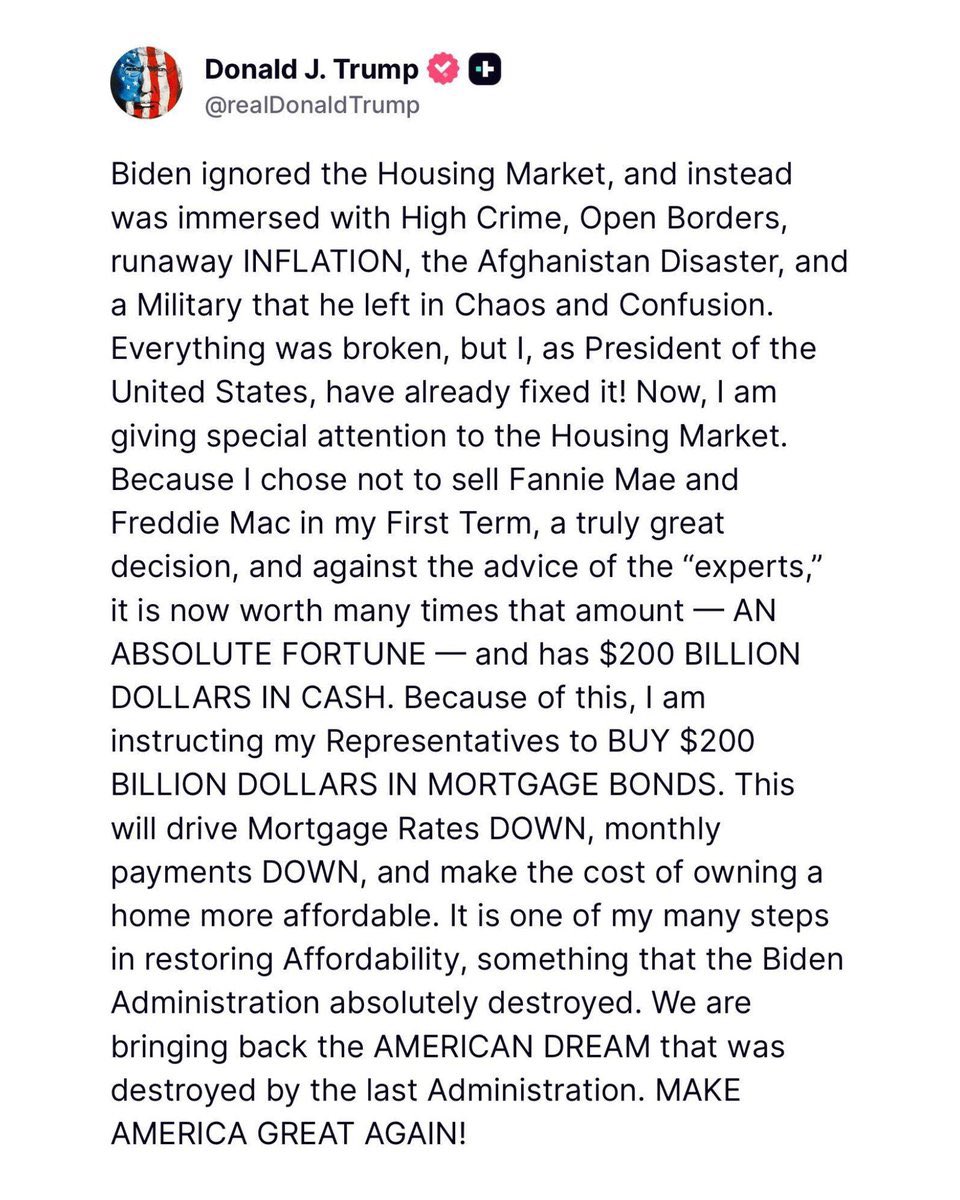 profsrecord's tweet image. BREAKING: President Trump announces a $200 BILLION purchase of mortgage bonds to push mortgage rates down immediately

This is how you Make Housing Great Again and reclaim the American Dream

Massive 🇺🇸