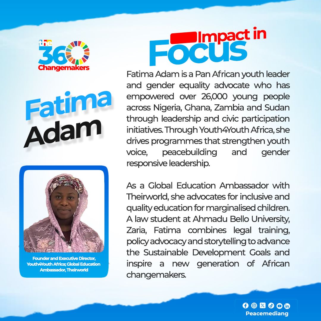 Youth leadership is not a slogan for Amb Fatima Adam, it is her daily work.

As Founder and Executive Director of Youth4Youth Africa, she has empowered over 26,000 young people across Nigeria, Ghana, Zambia and Sudan through leadership training, civic participation programmes,