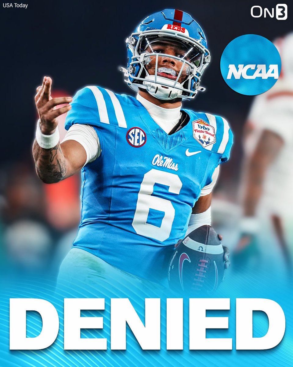 On3sports's tweet image. BREAKING: The NCAA has DENIED Ole Miss QB Trinidad Chambliss a 6th season of eligibility❌

on3.com/college/ole-mi…