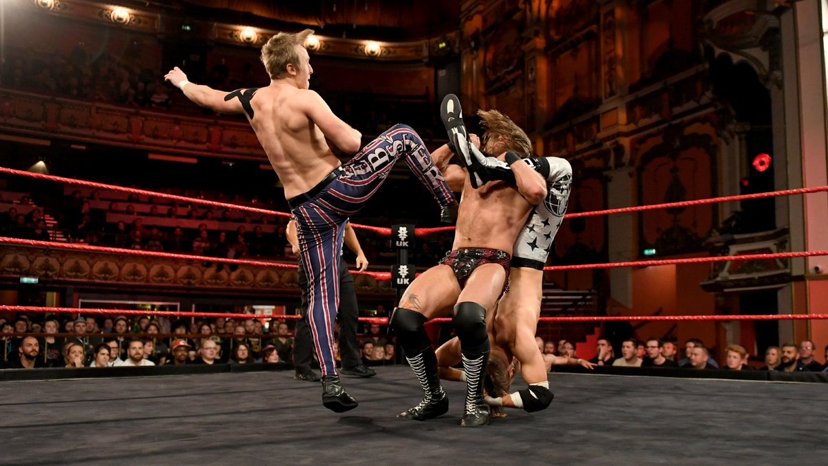 NXTUK_Legacy's tweet image. Jan. 9, 2019:

In Part 1 of a 2-part episode of #NXTUK at Liverpool Olympia, @ZackGibsonGYV &amp;amp; #JamesDrake defeated @MandrewsJunior &amp;amp; @Flash_Morgan to advance to the Tag Team Tournament Finals against Moustache Mountain at Takeover: Blackpool.

📸 WWE