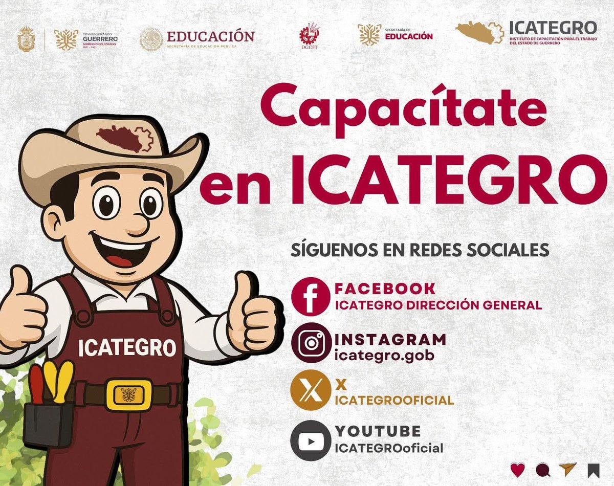Te invitamos a seguir nuestras redes sociales oficiales del #ICATEGRO, donde compartimos cursos, capacitaciones, eventos, historias de éxito, noticias y mucho más.

Sé parte de nuestra comunidad y entérate de todas las oportunidades que tenemos para ti.