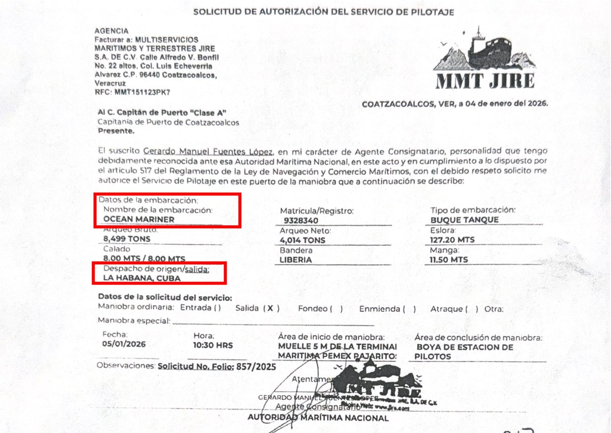 El buque Ocean Mariner con 14 millones de litros de petróleo, llegó esta mañana a La Habana.
Mientras tanto <a href="/Pemex/">Petróleos Mexicanos</a> no puede pagar deudas con sus proveedores.