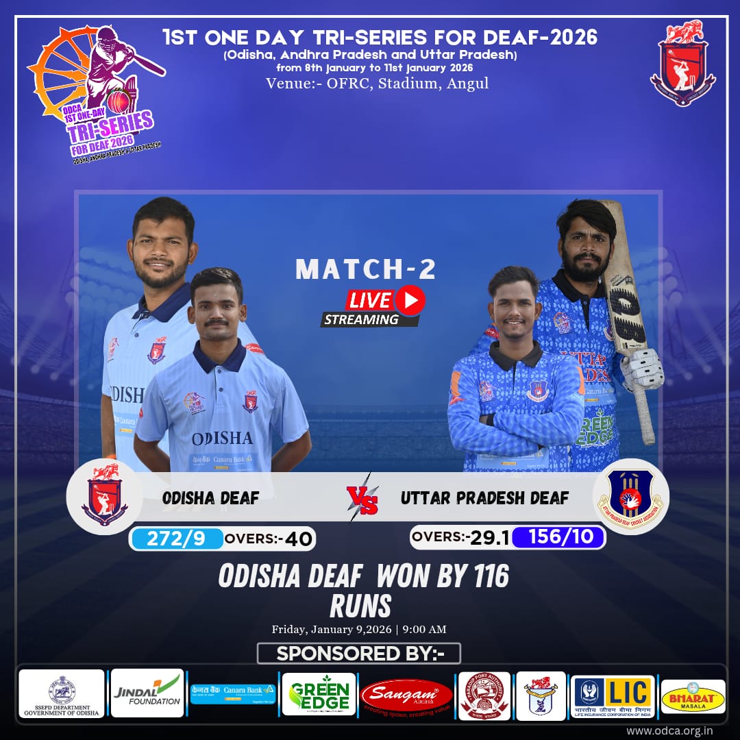official_odca's tweet photo. 🏏🔥 Match-2 🔥🏏
Odisha Deaf win by success an innings and 116 runs at the ODCA 1st One Day Tri-Series for Deaf 2026 💪👏

#ODCA #1stOneDayTriSeriesForDeaf2026 #OdishaDeaf #BigWin #DeafCricket #UDCA
https://t.co/Is4en3hiLV https://t.co/UB6Z4ecUnu