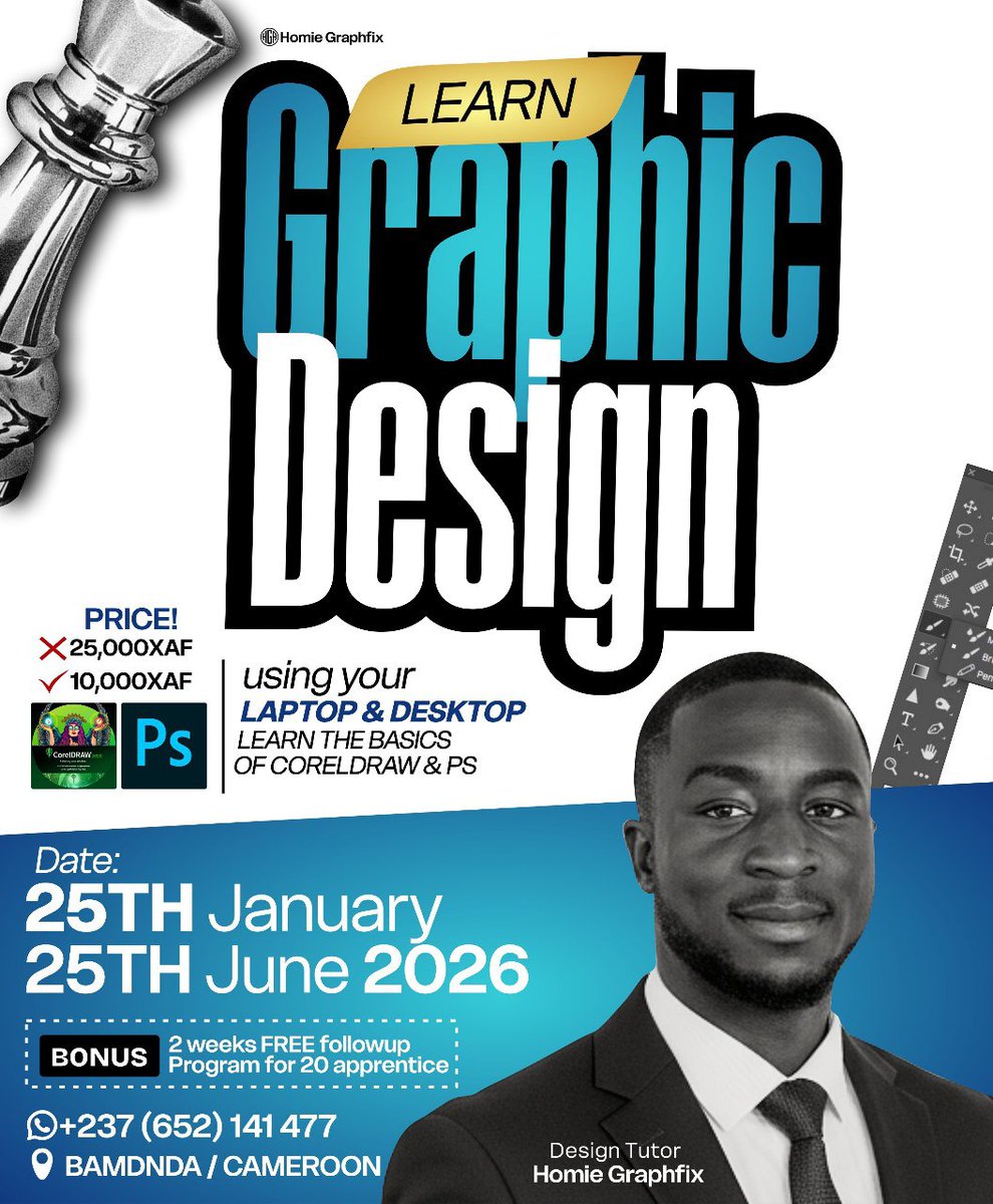 Hosting Class For Those Who Are Interested In Learning Graphic Design And More For 6 Months. It Entails A Lot And Trust Me It Is For Amateurs &amp; Intermediates. 

If You Have A Young One Willing To Learn A Skill Let's Connect Or Yourself. Contact Below 👇🏾 

wa.me/237652141477